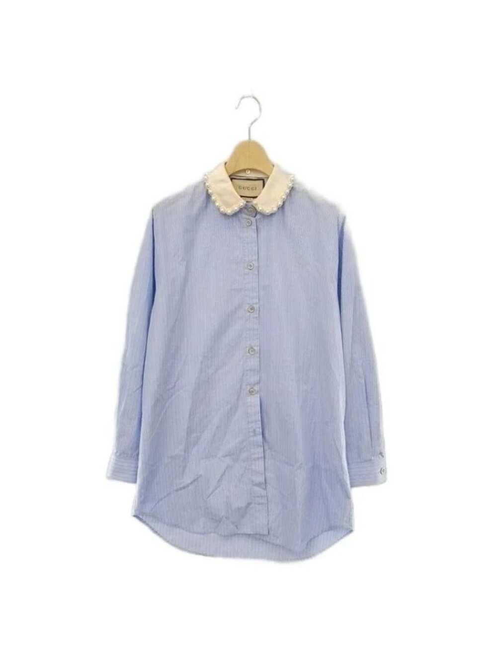 Gucci Pearl Design Color Stripe Shirt Blouses Cotton Long Sleeve Light Blue 36